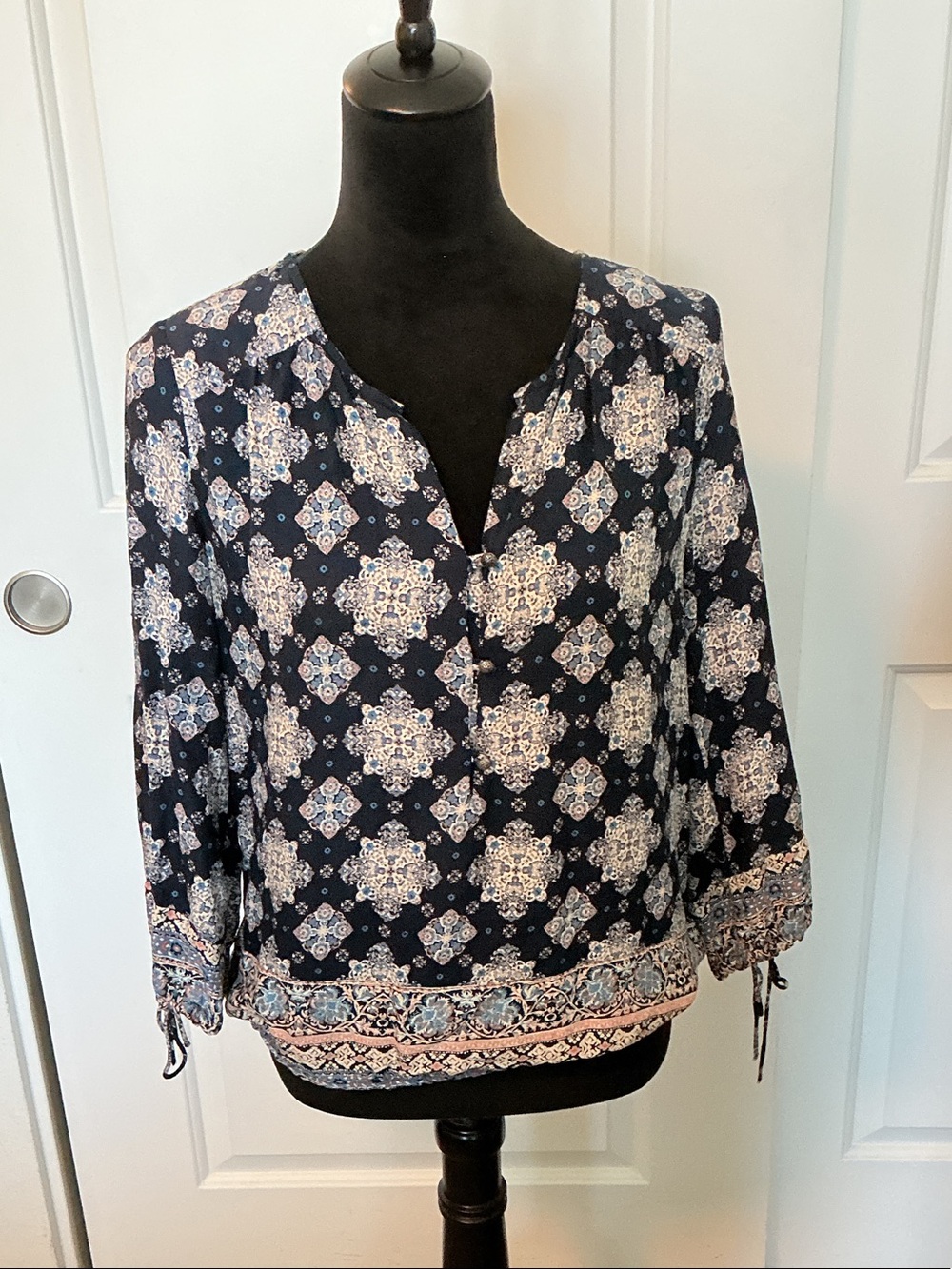 Lucky Brand Navy Medallion Print Peasant Blouse S
